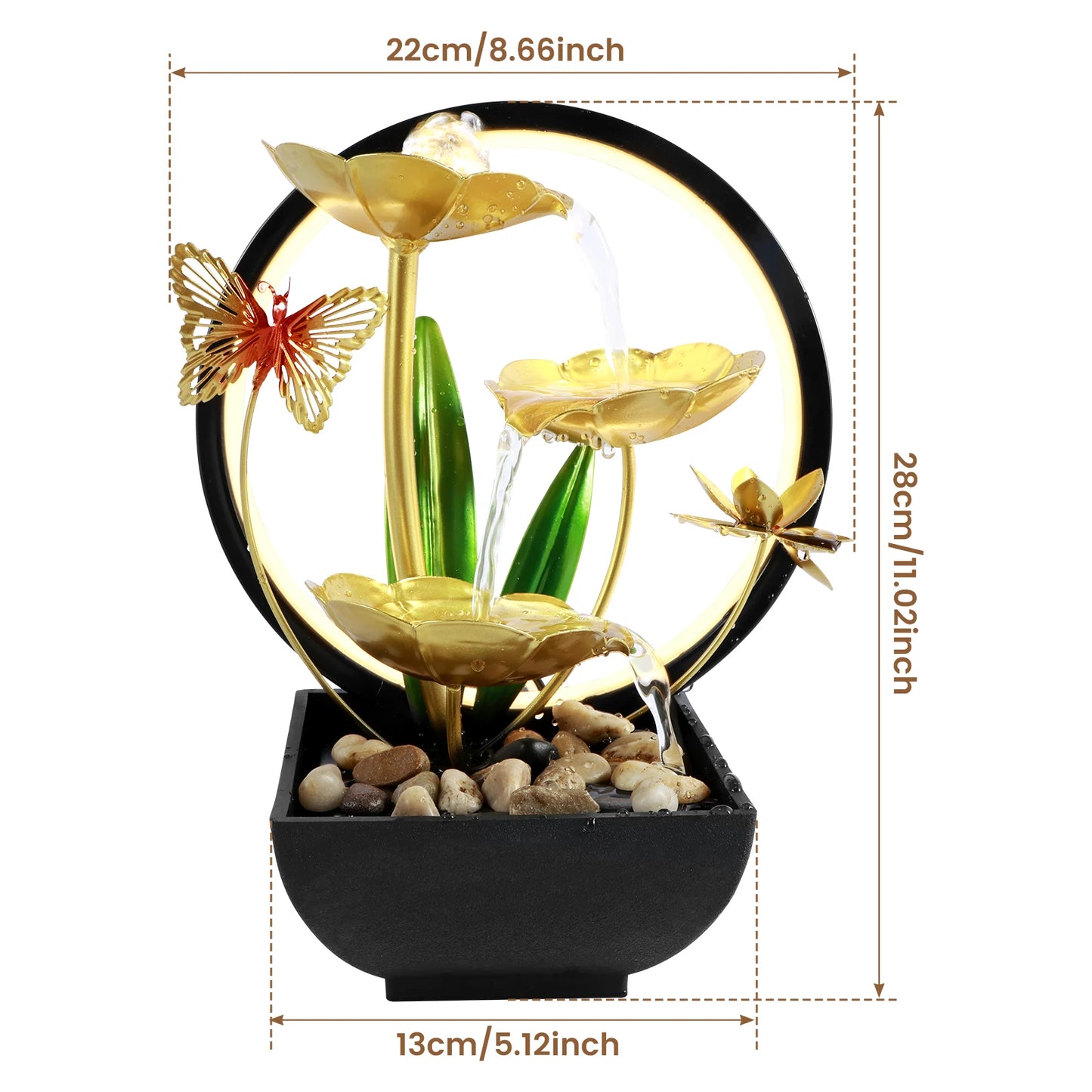 Decorative water fountain with flowers and butterfly, shown with dimensions on a white background.