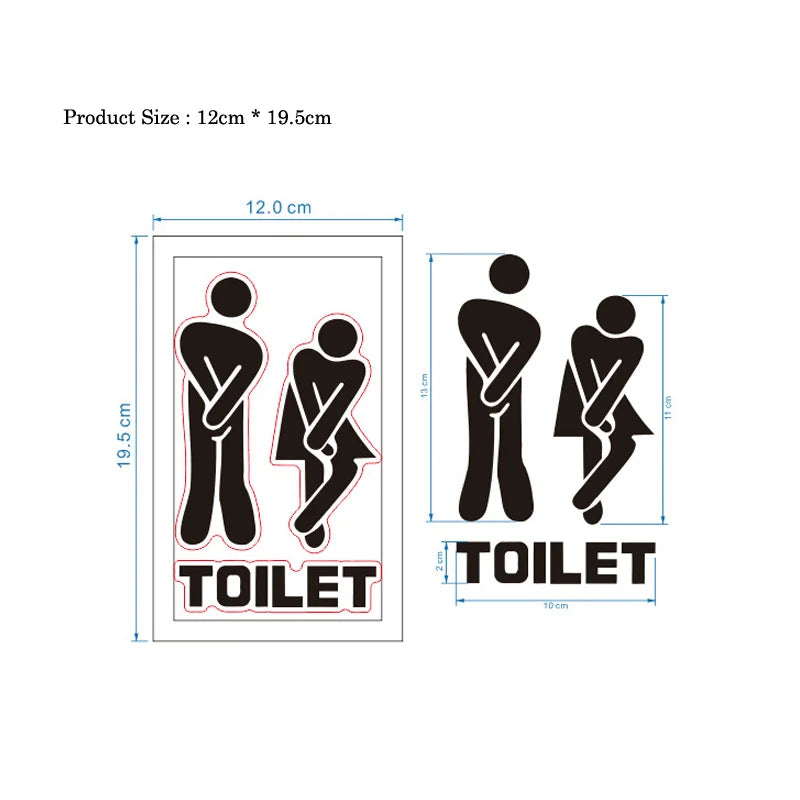 Two black and white bathroom sign illustrations with dimensions on a white background