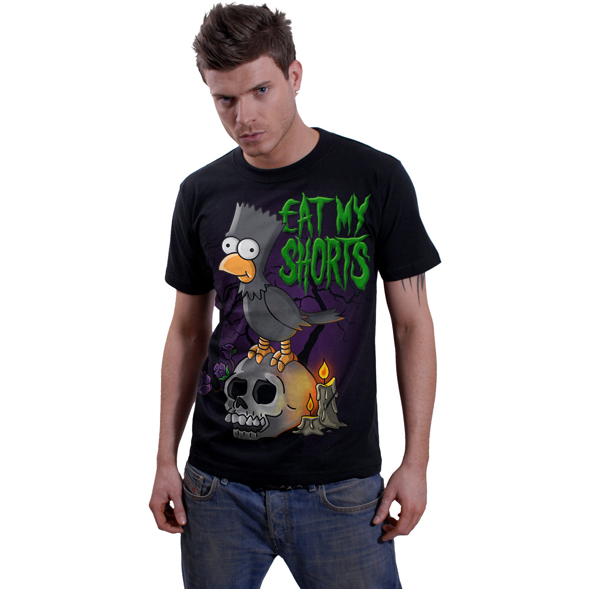 The Simpsons Bart Raven Front Print T-Shirt Black Official Licensed Cotton Tee