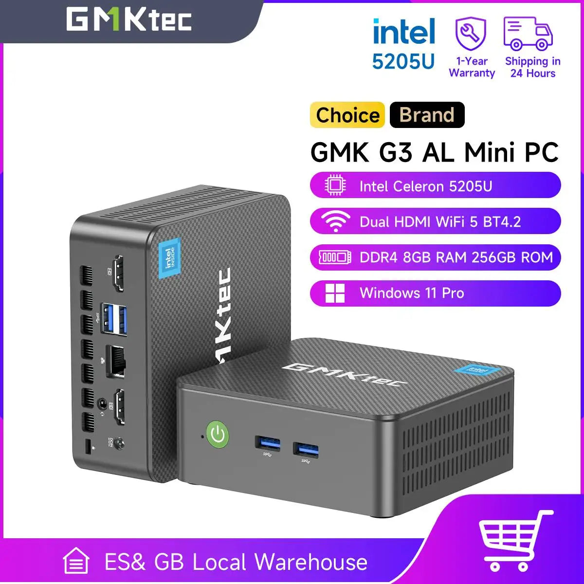 GMK G3 AL Mini PC with Intel Celeron 5205U processor on a white background