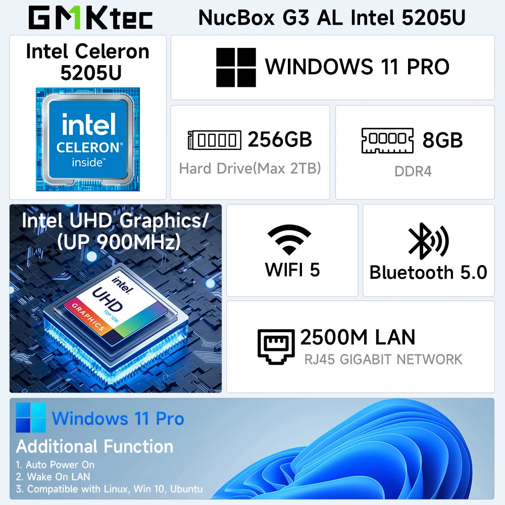Gigabyte NucBox G3 AL Intel 5205U specifications on a white background