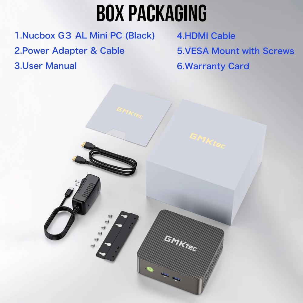 GMKtec Nucbox G3 AL Mini PC packaging with components on a white background