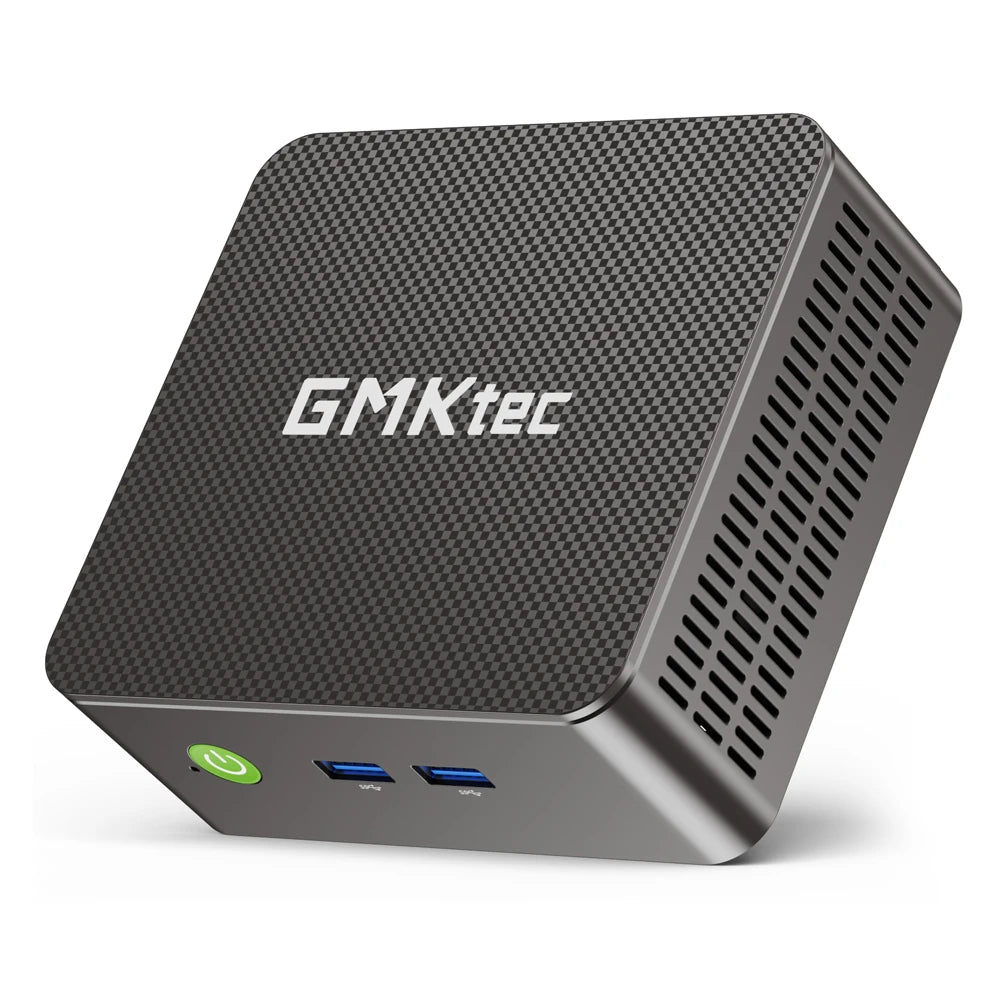 Small black device with GMKtec branding on a white background