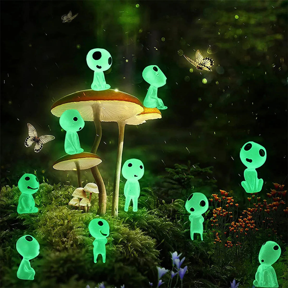 Glowing green alien figures around a mushroom in a forest setting