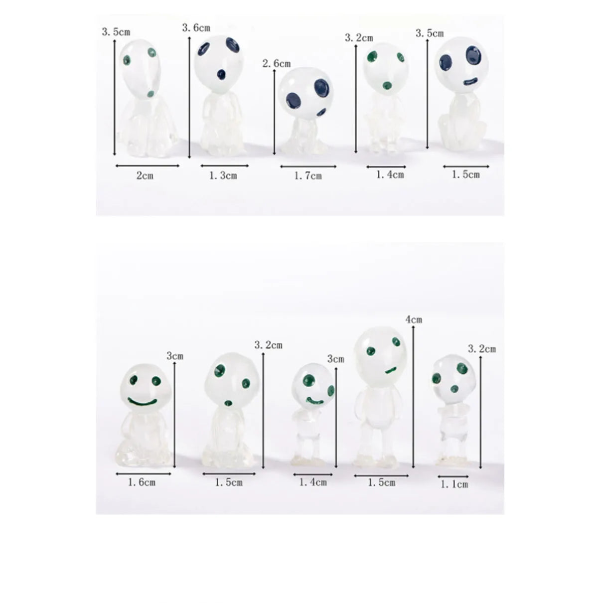Set of small white ghost figurines with measurements on a white background