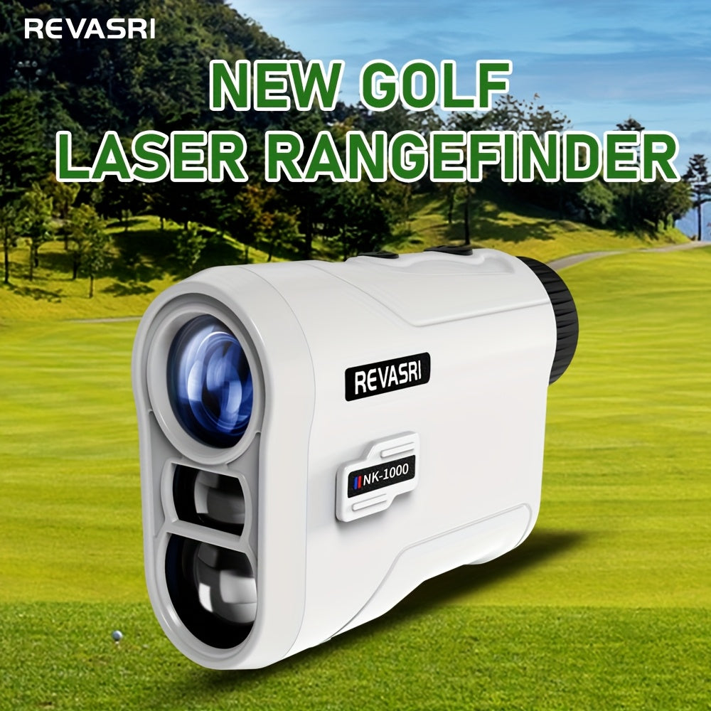 Golf laser rangefinder on a golf course with 'REVASRI' branding