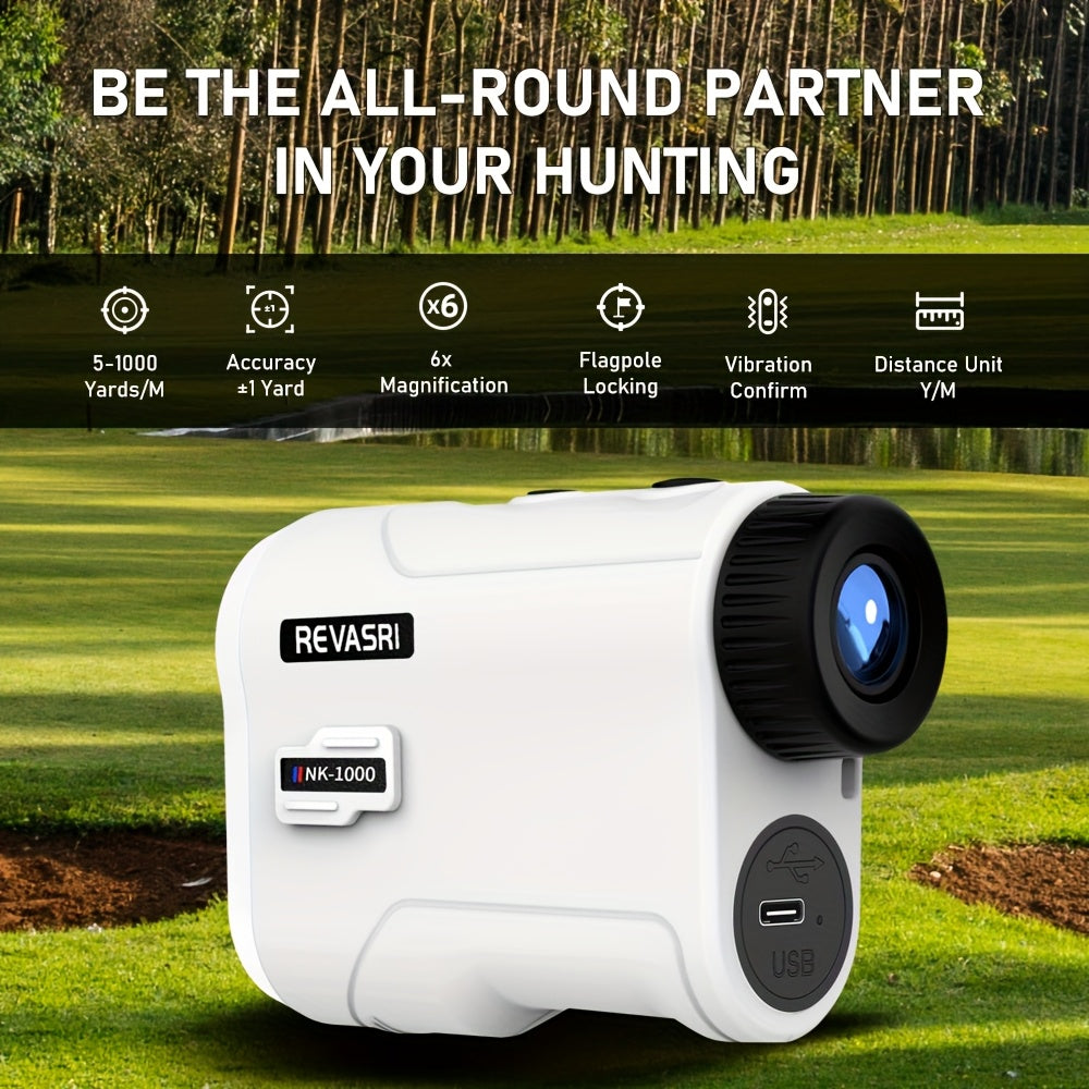Revasri hunting laser rangefinder on a grassy field with hunting theme text.