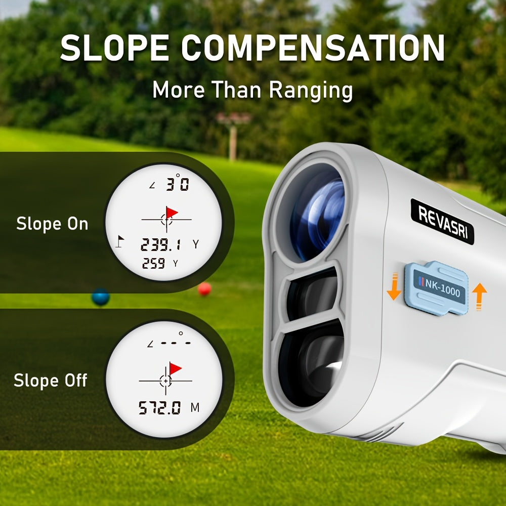 Golf rangefinder with slope compensation feature on a golf course background