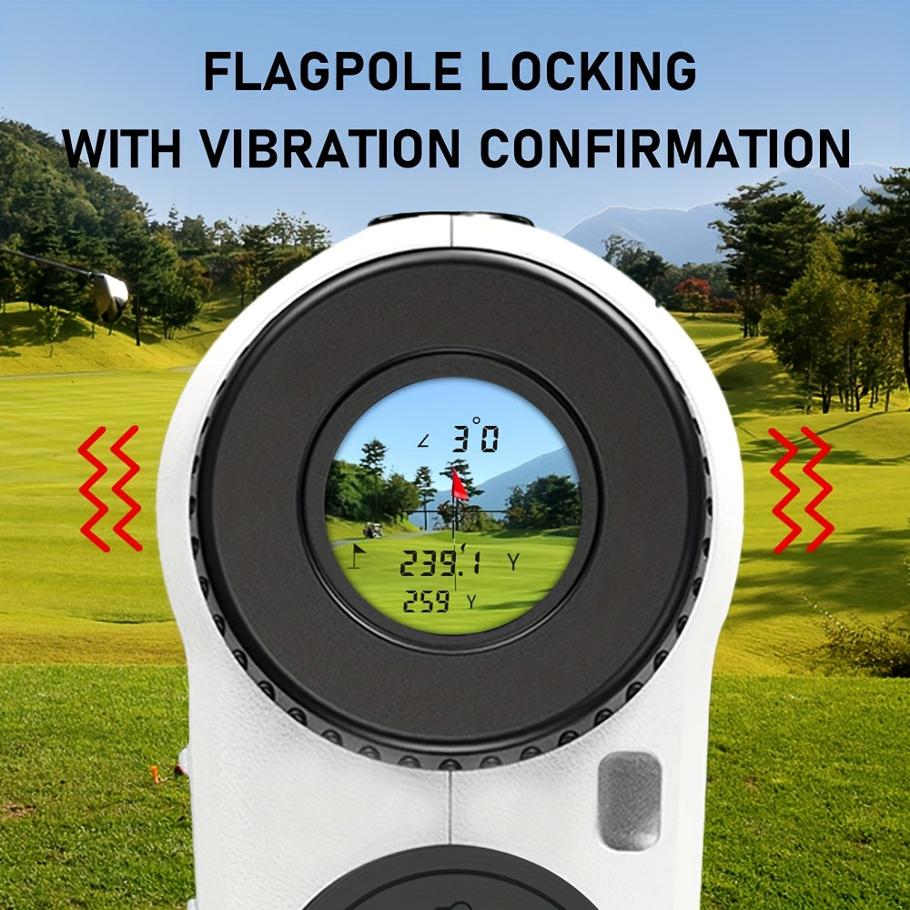 Golf distance measuring device with digital display on a golf course background