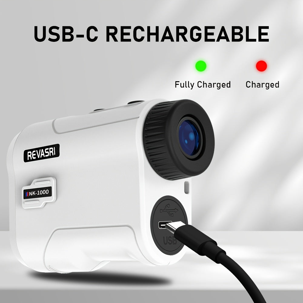 Rechargeable laser rangefinder with USB-C connection on a gray background