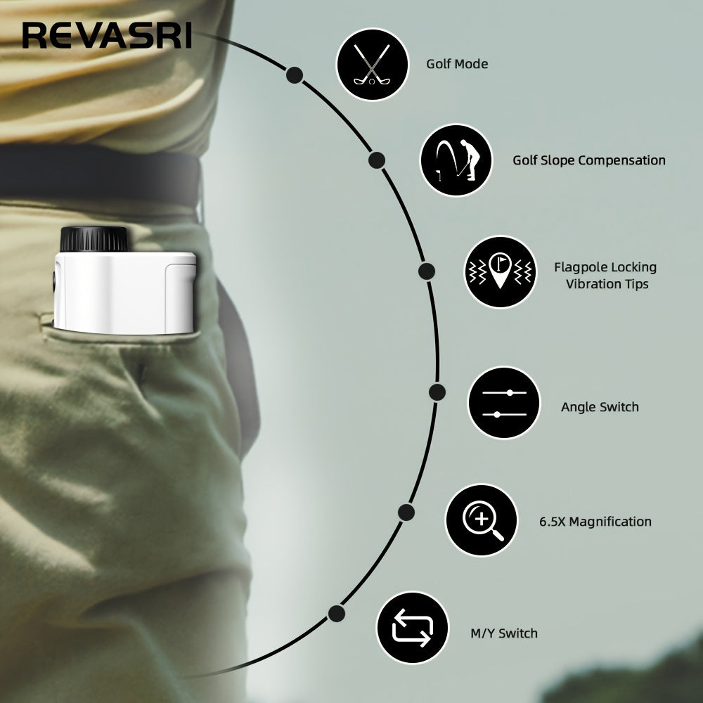 Revasri golf binoculars with feature icons on a light gray background