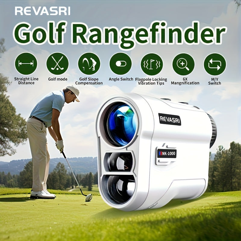 Golf rangefinder with features listed on a golf course background, featuring the brand 'REVASRI'.