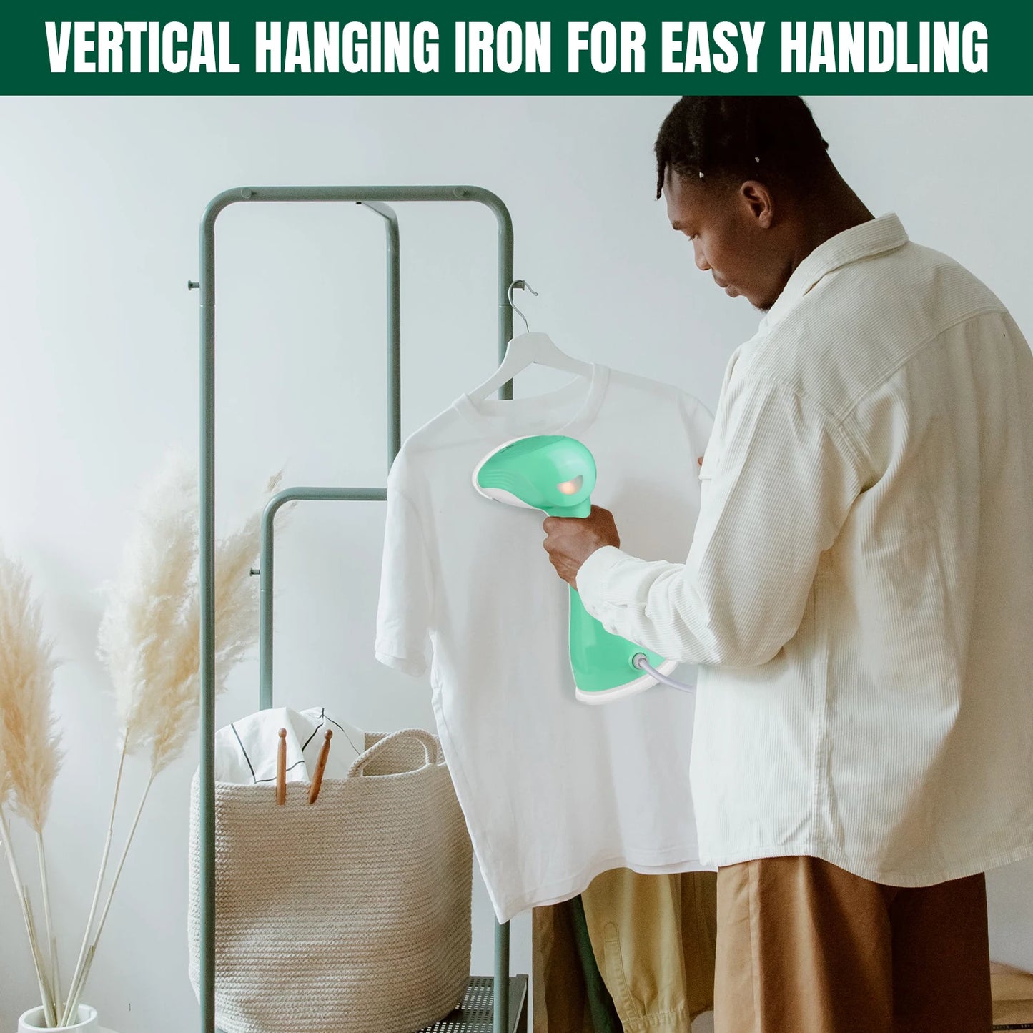 Person ironing a shirt with a vertical hanging iron stand in a room.