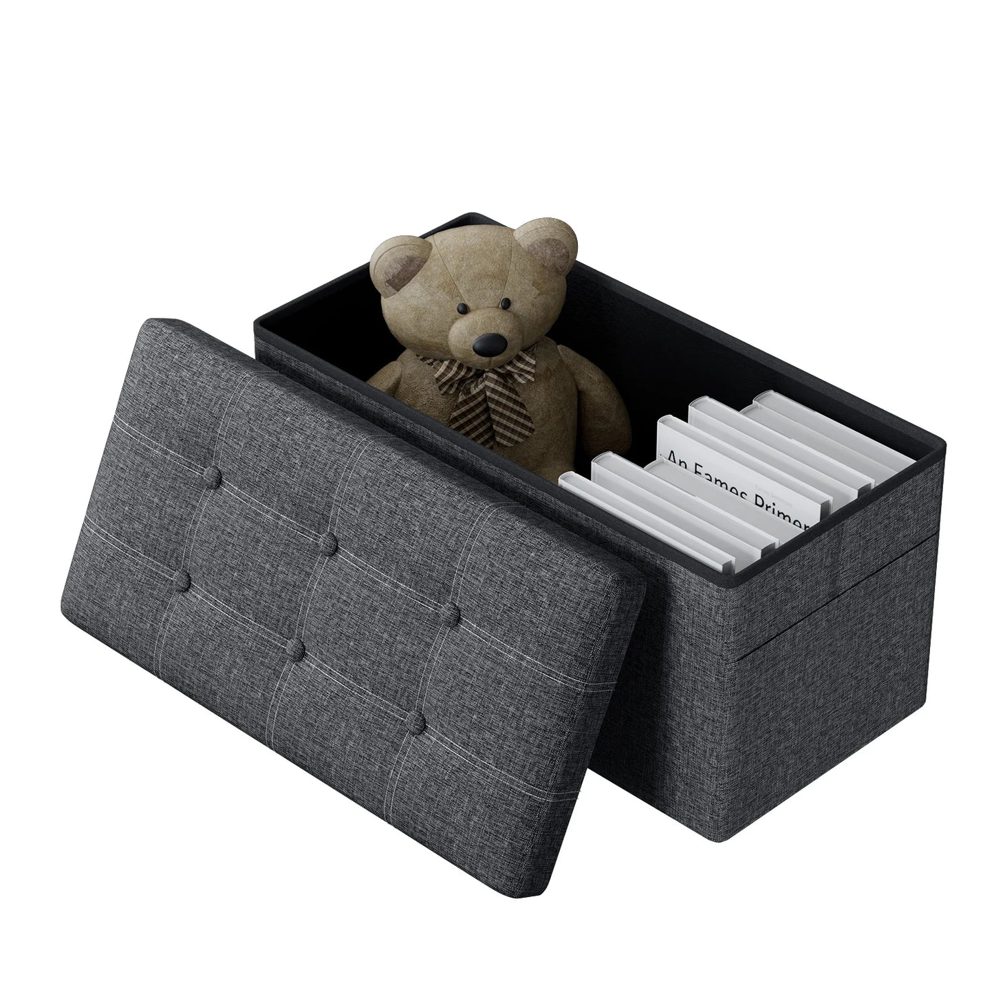 Gray storage ottoman with a teddy bear and books inside on a white background