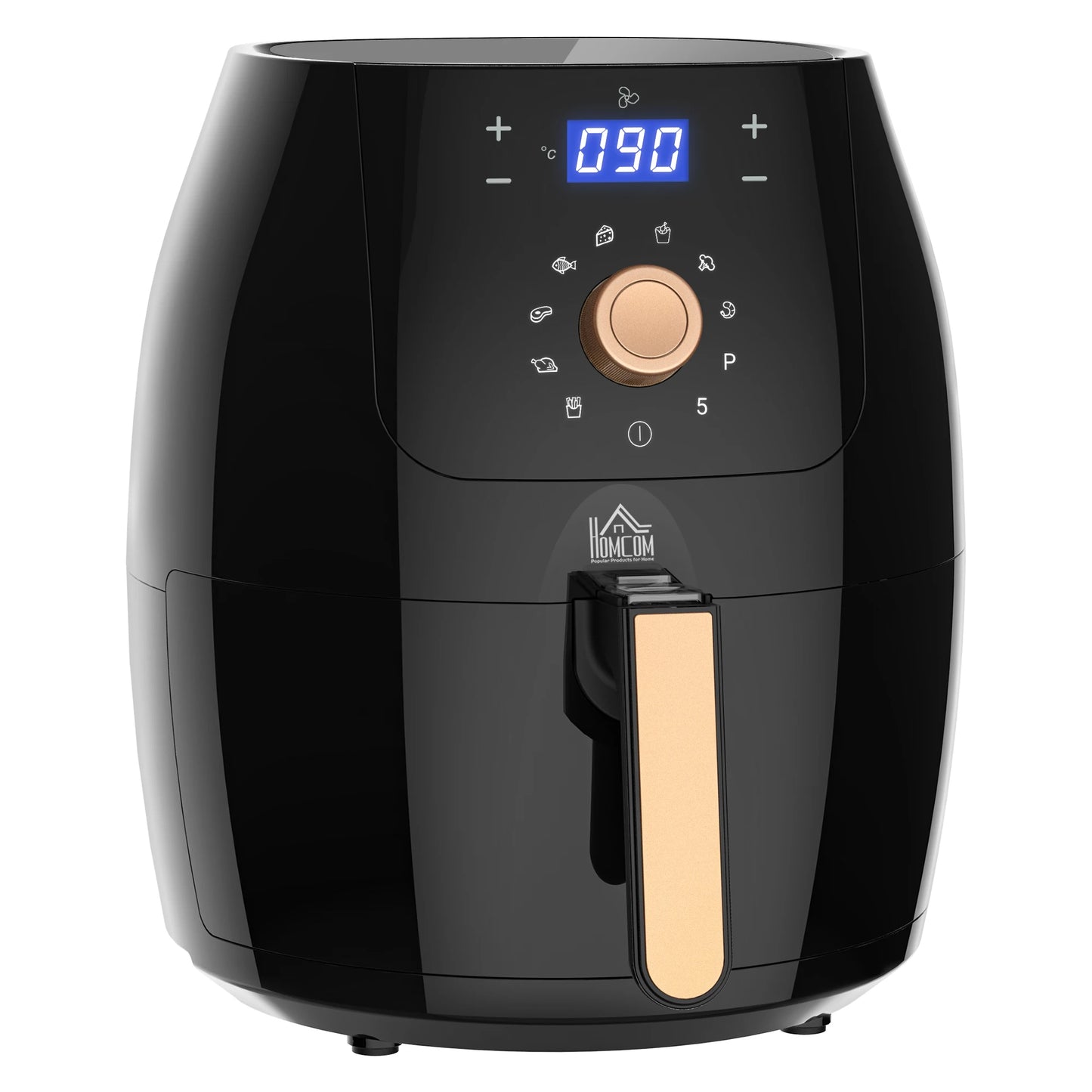 Black air fryer with digital display on a white background