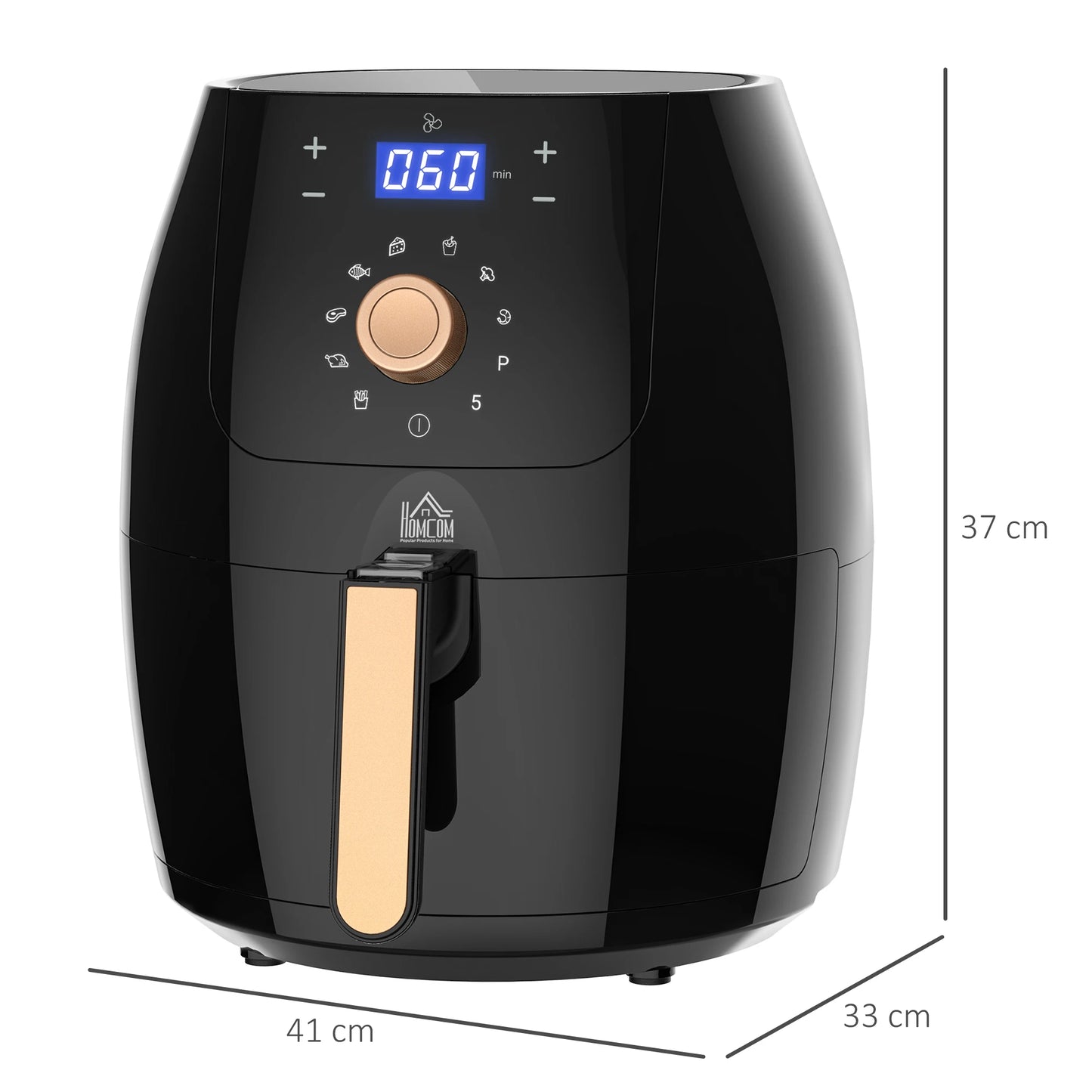 Black air fryer with digital display and control panel, shown with dimensions on a white background.