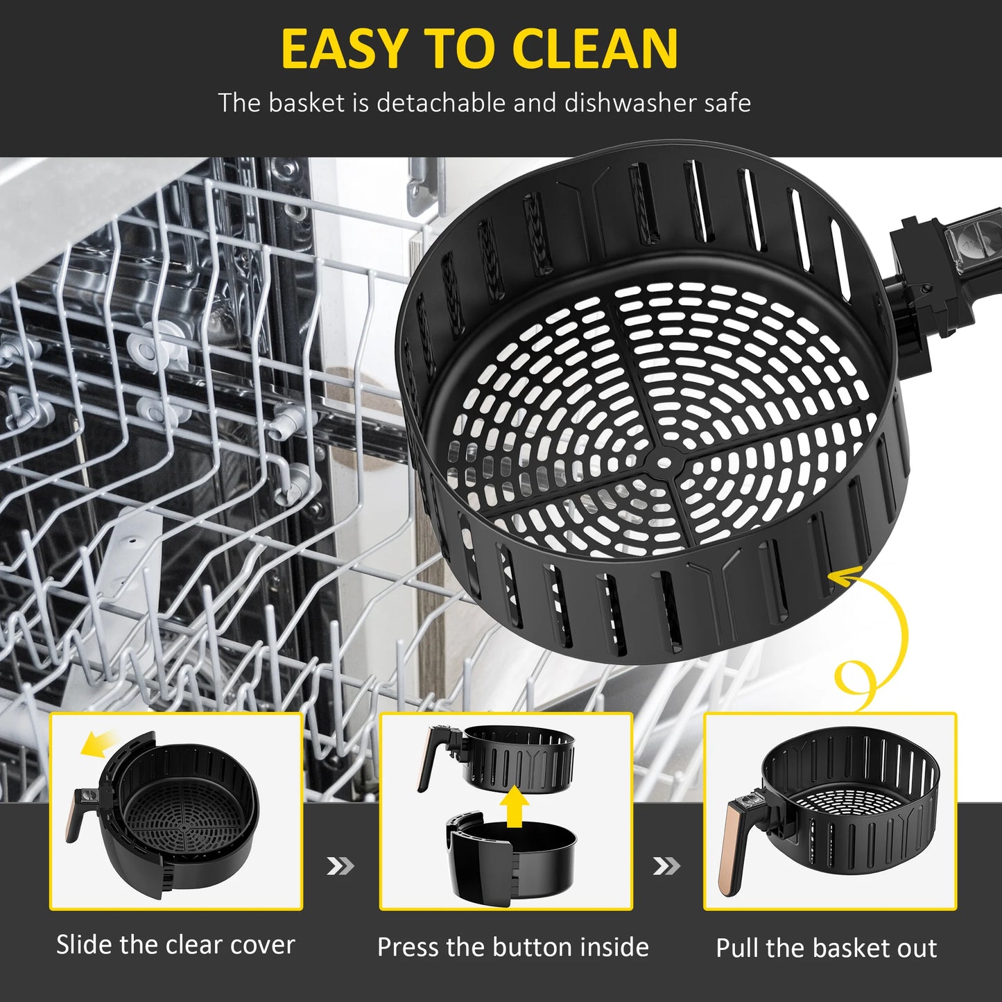 Black detachable basket with instructions on how to clean it, shown in a dishwasher.