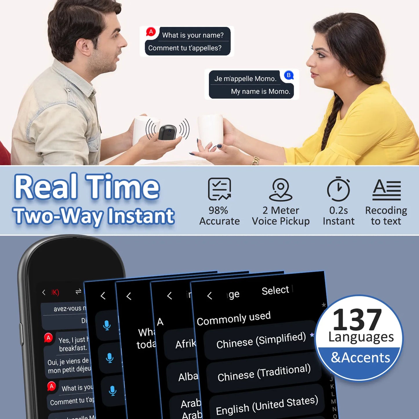 Two people using a translation device with text and language selection interface.