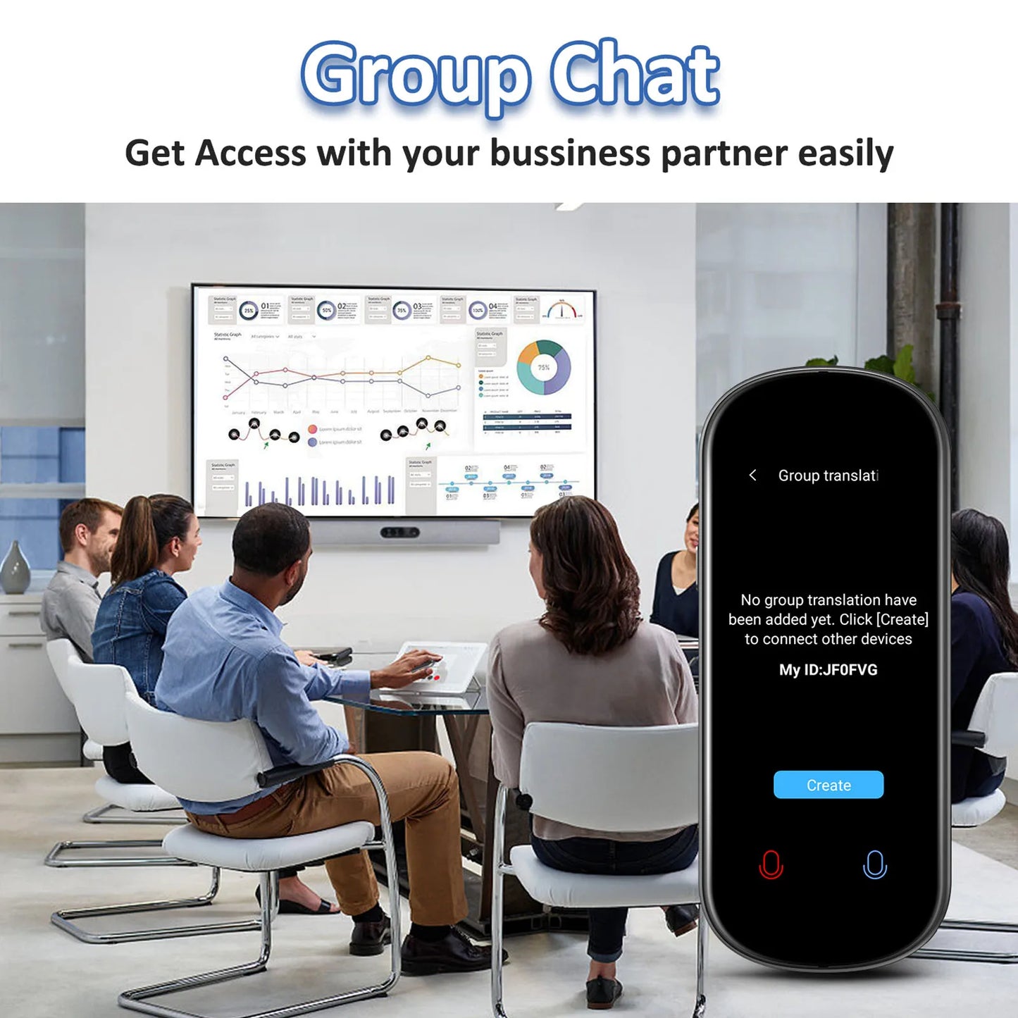 Group chat interface on a smartphone with people in a meeting room discussing graphs and data.