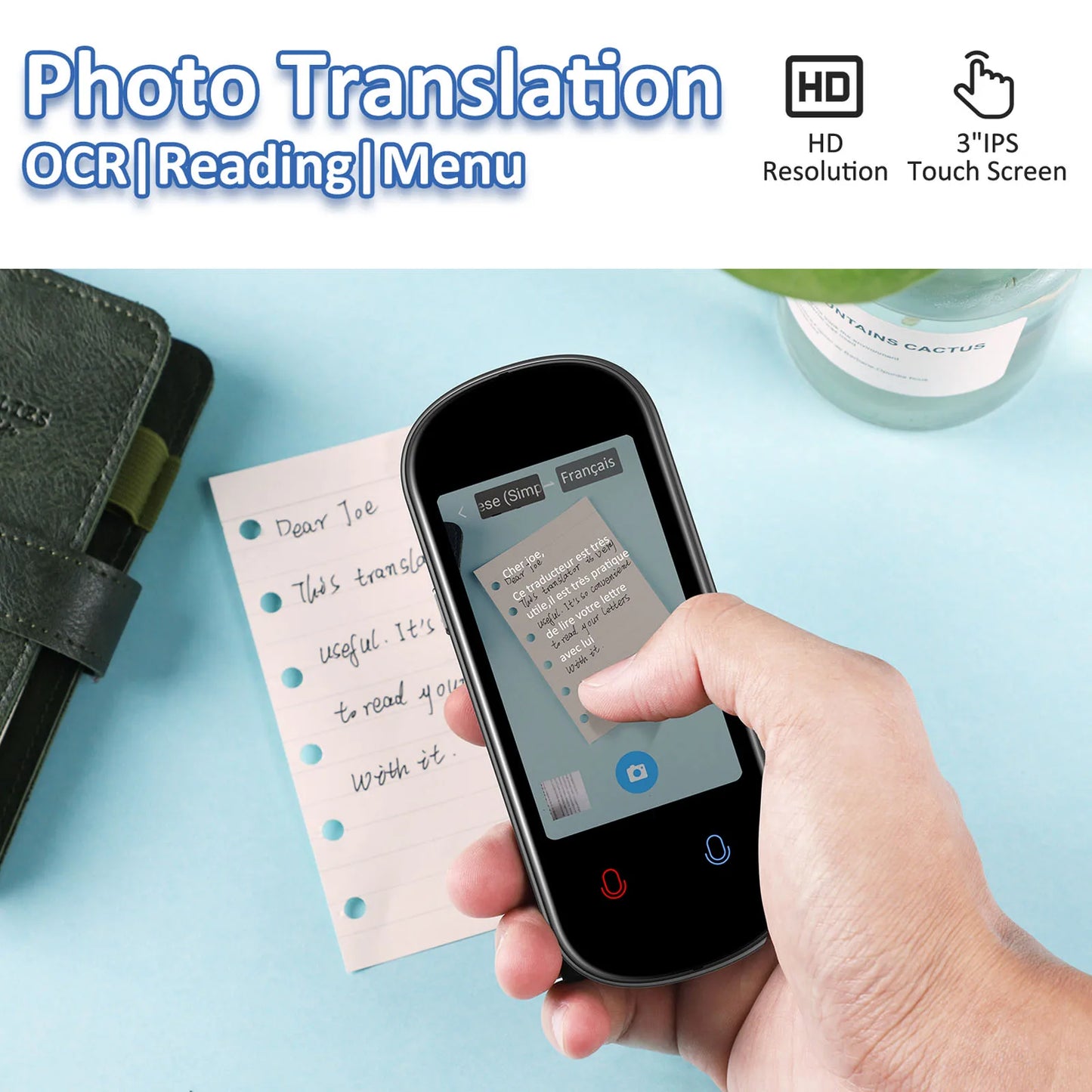 Hand holding a smartphone with a translation app on a light blue background