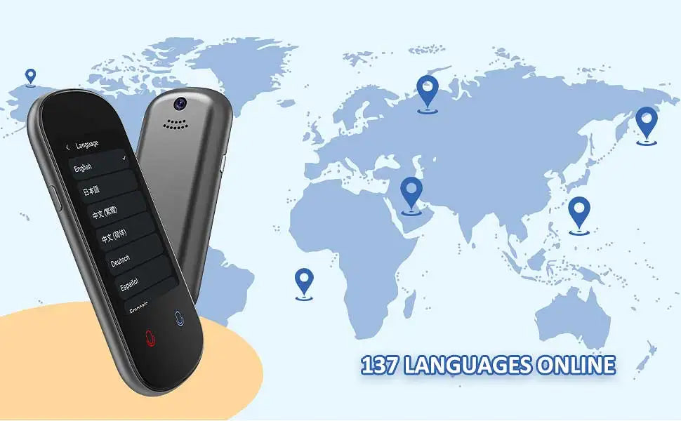 Multilingual translation device with world map background showing language options.