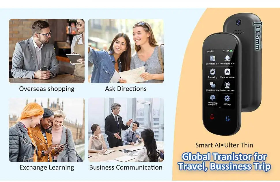 Smart AI Ultra Thin Global Transistor for travel and business use with lifestyle images and features listed.