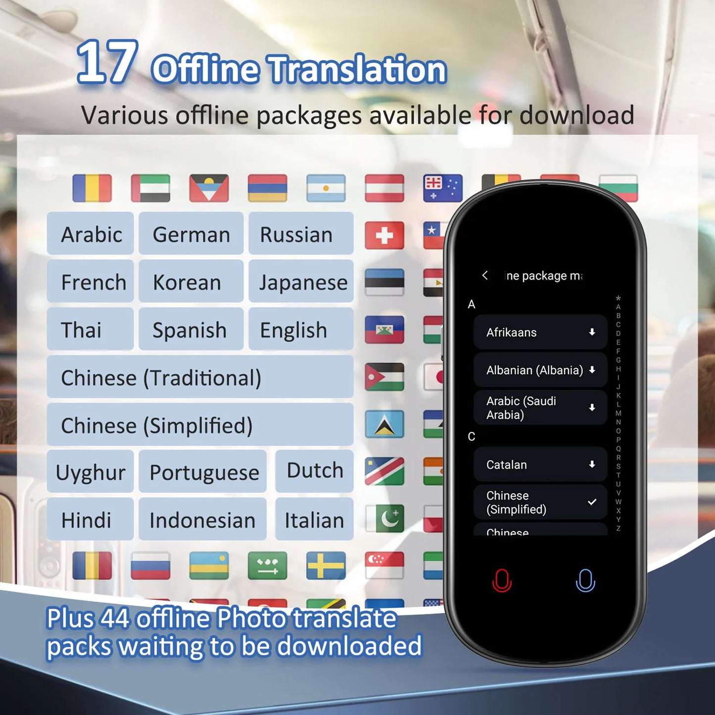 Multilingual offline translation app with language selection interface and smartphone displaying translation app.
