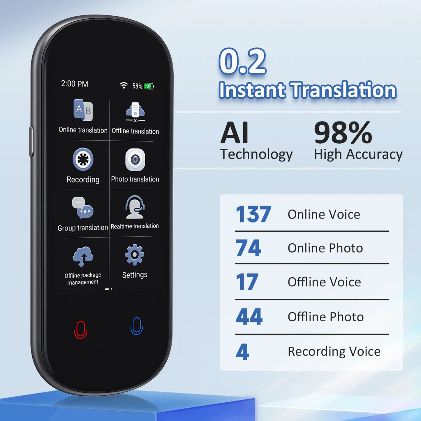 Black device with app icons and statistics on a blue background