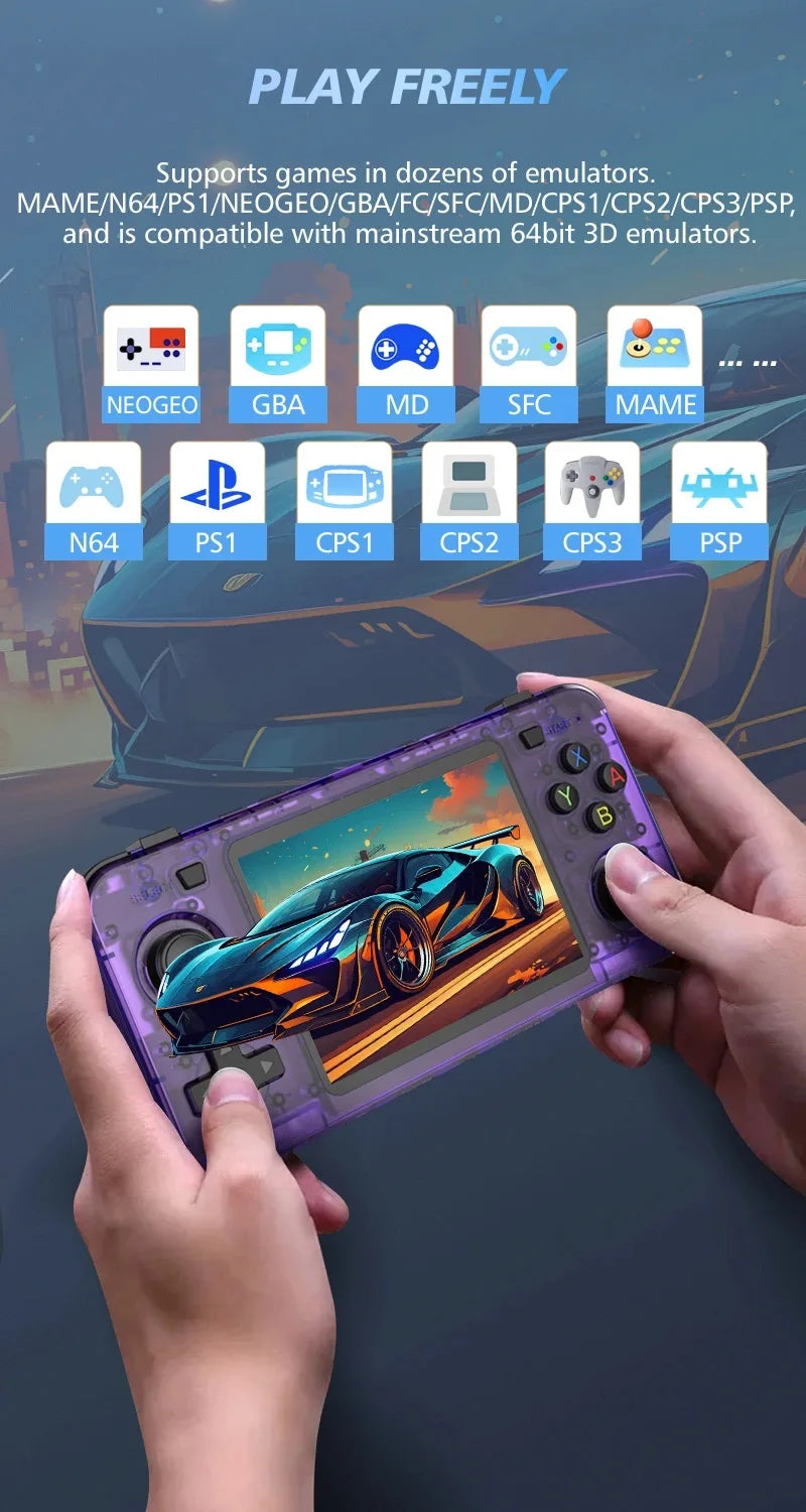 Hand holding a gaming device with a colorful display, surrounded by gaming emulator icons.