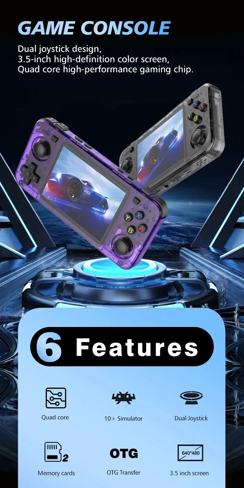 Gaming console with features highlighted on a dark background