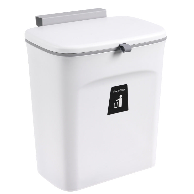 White wall-mounted trash can with a 'Keep Clean' label on a white background
