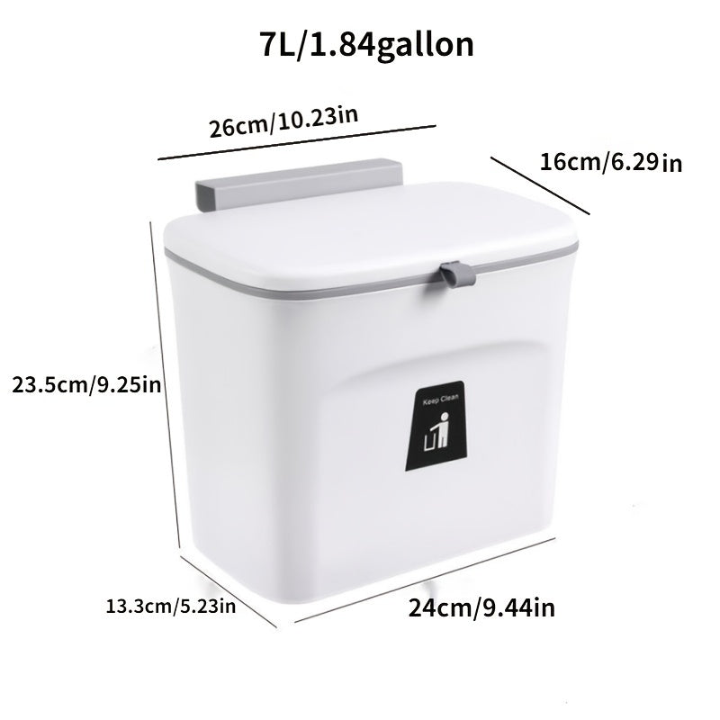 White trash bin with dimensions labeled on a white background