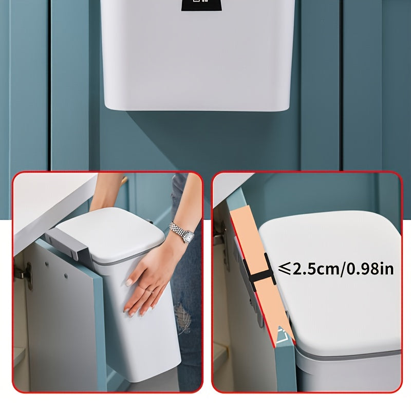 Smart trash can with touchless sensor and close-up of sensor mechanism.