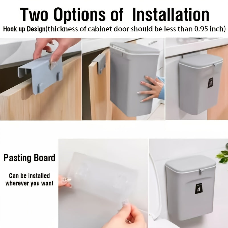 Instructions for installing a cabinet-mounted trash can with two methods: hook-up design and pasting board.