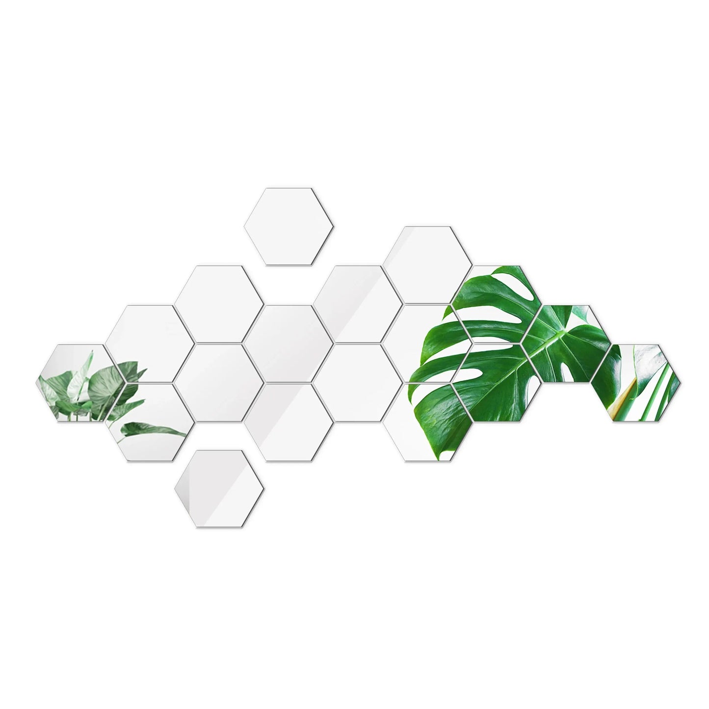 Hexagonal tiles with green leaf designs on a white background