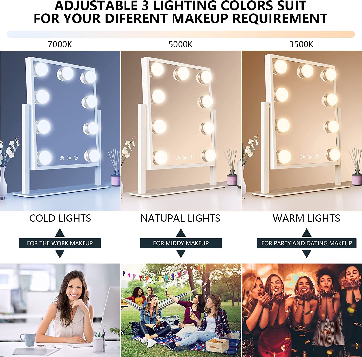 Makeup mirror with adjustable lighting colors for different occasions