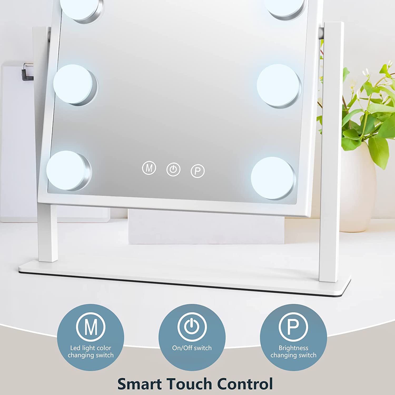 Makeup mirror with LED lights and smart touch control panel on a white surface.