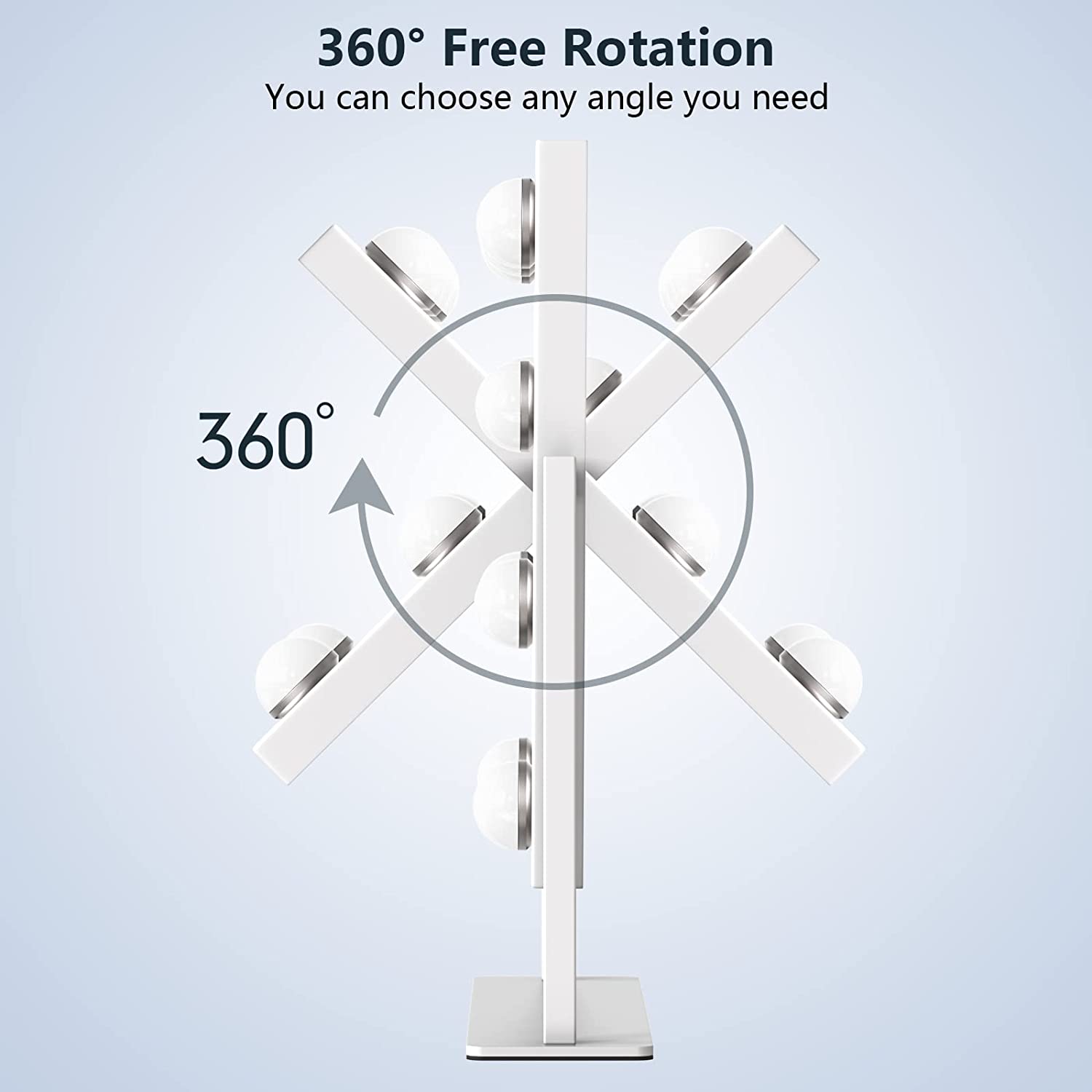 Modern table lamp with 360-degree rotation feature on a light blue background