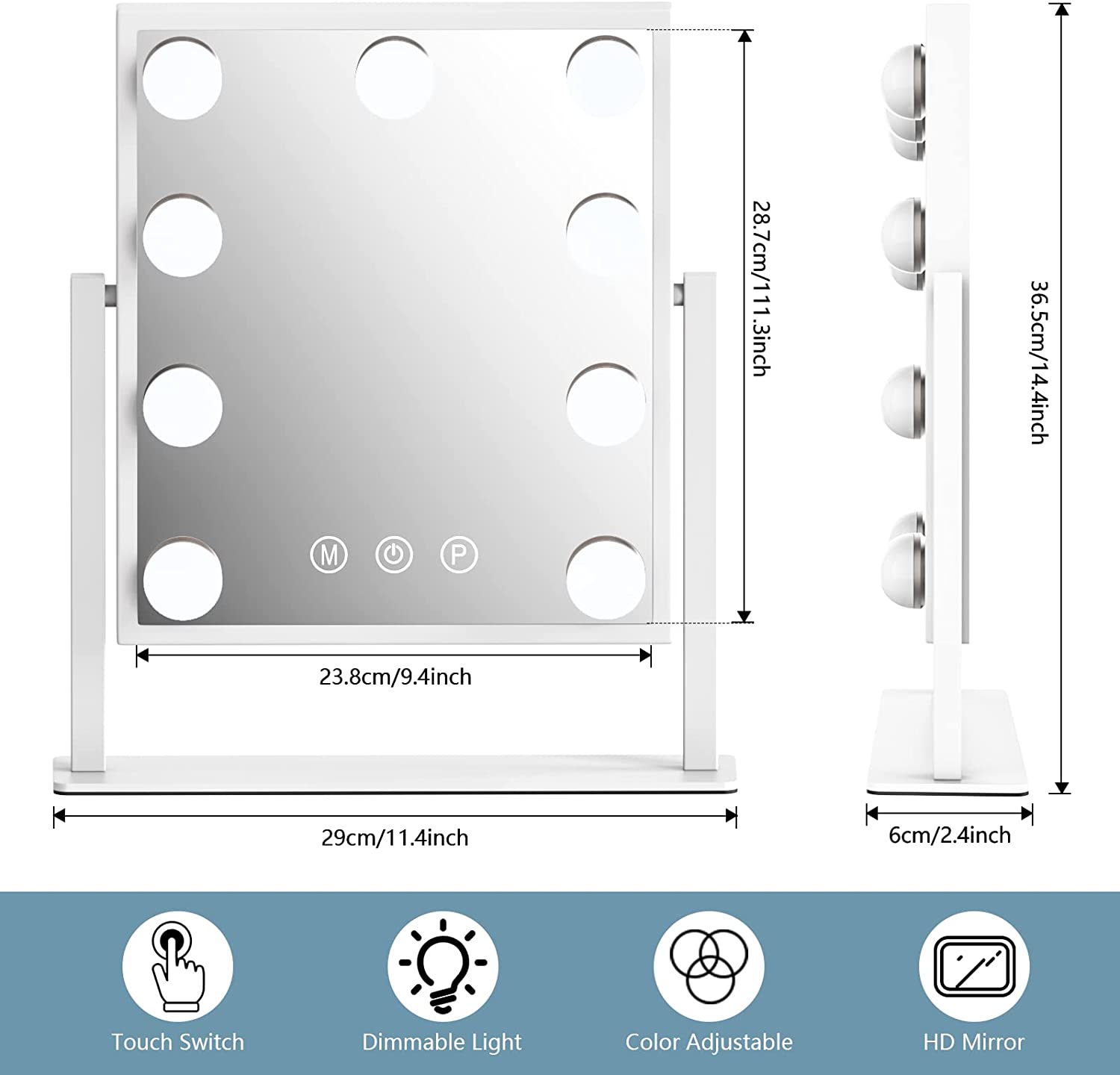 Makeup mirror with dimensions and features on a white background