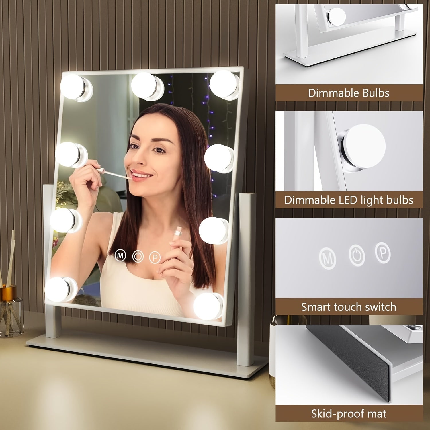 Makeup mirror with lights and a woman applying makeup, with inset images showing features like dimmable bulbs and a smart touch switch.