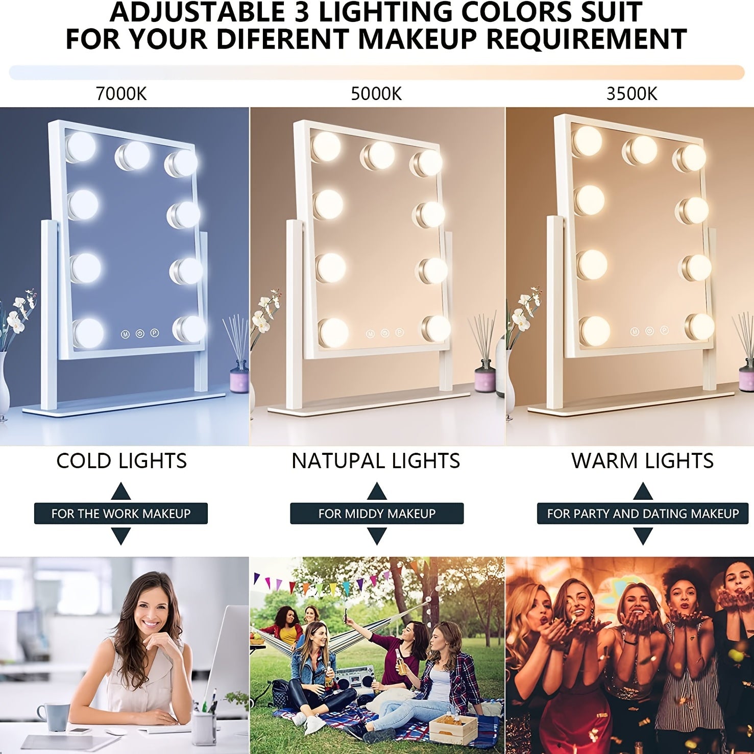 Makeup mirror with adjustable lighting colors for different occasions