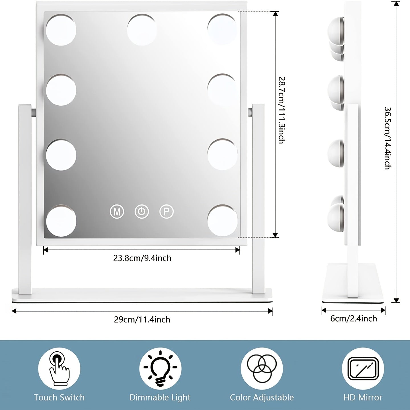 Dimensions and features of a makeup mirror with light and touch control.