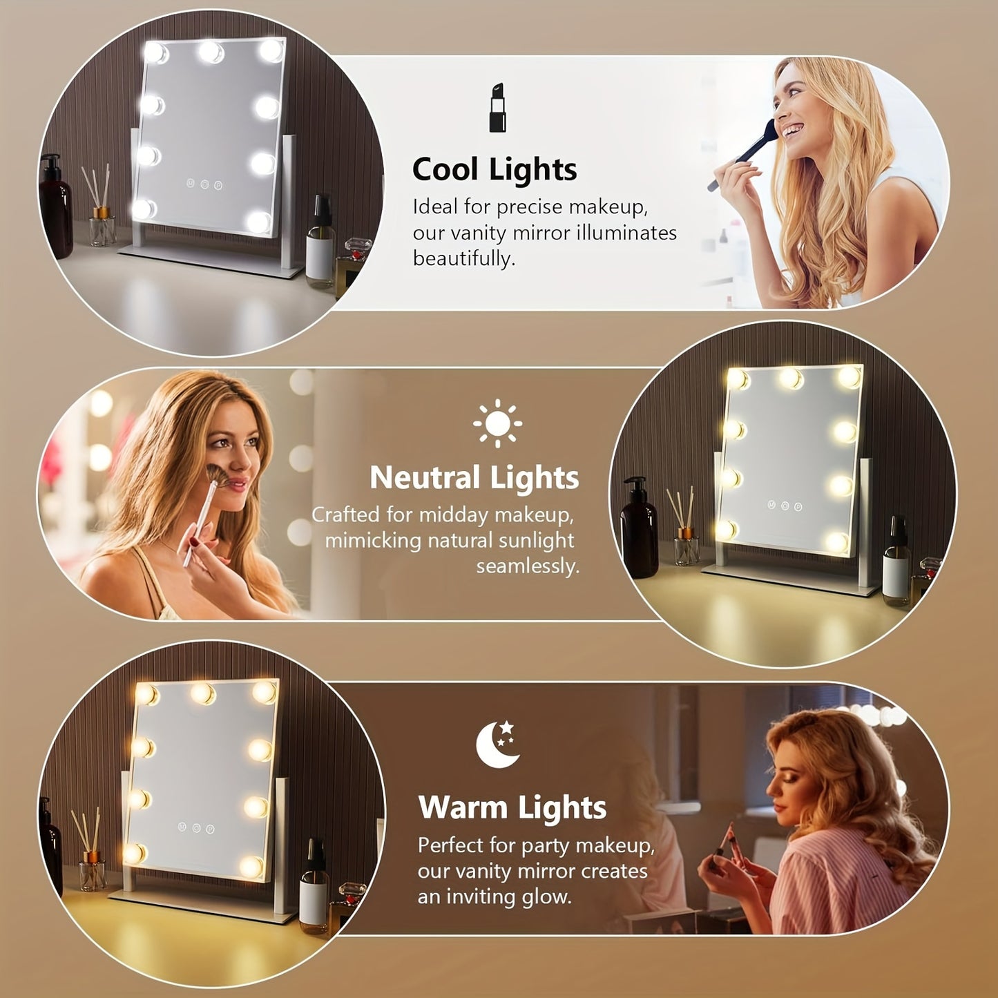 Vanity mirror with different light settings for makeup application.