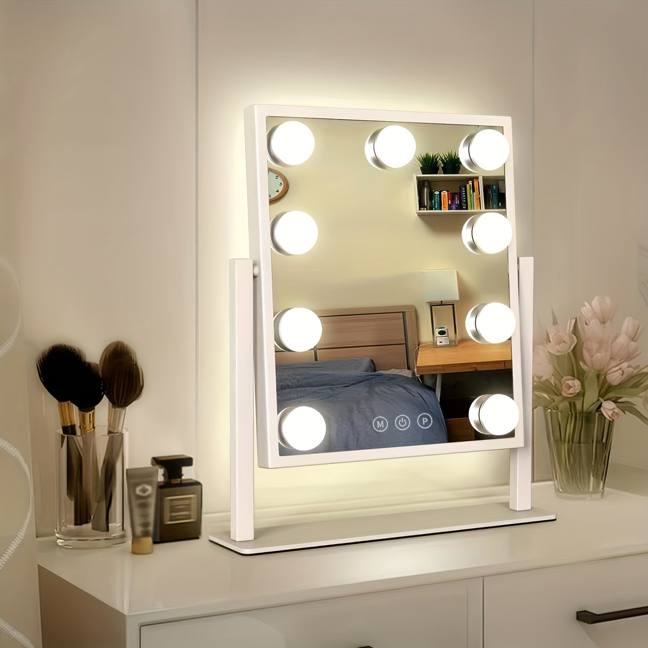 Makeup mirror with lights on a vanity table in a bedroom setting