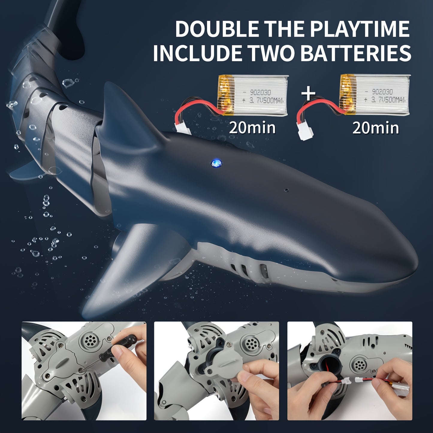 Toy shark with batteries and charging information on a dark background