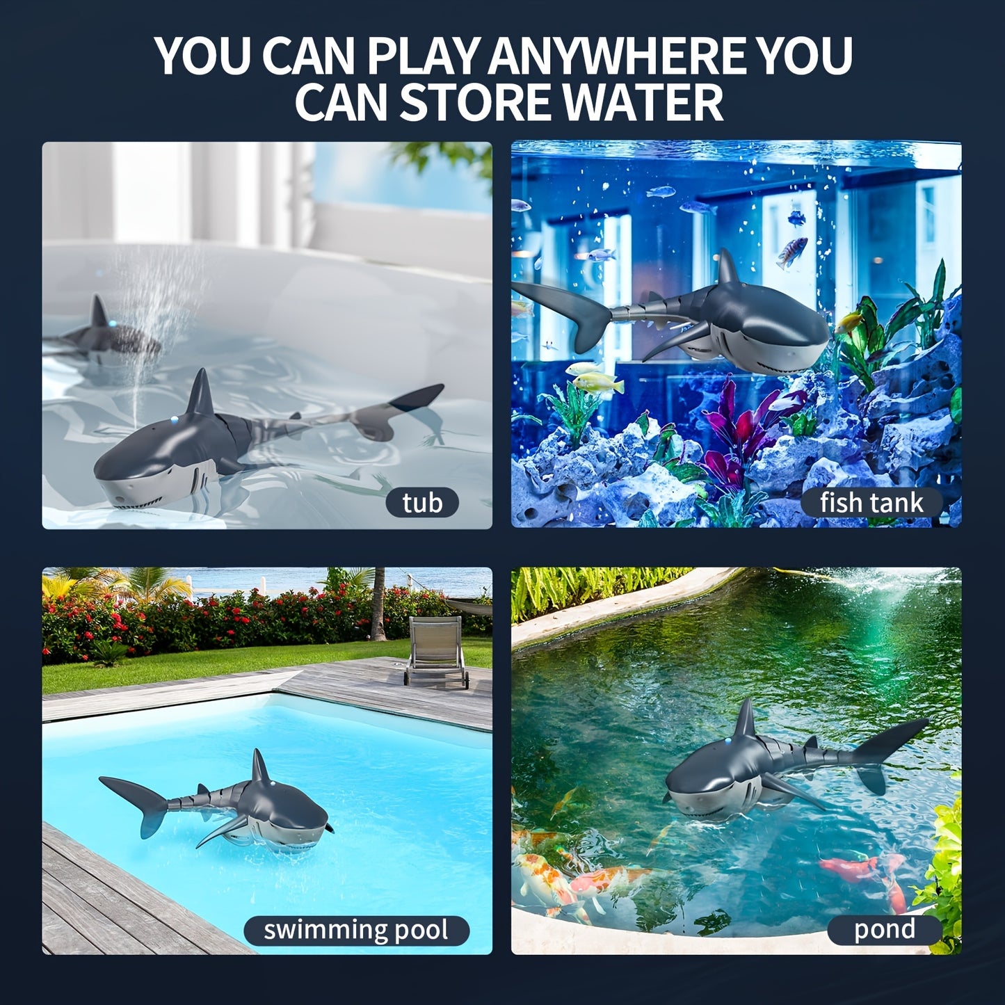 Collage of shark toys in various water settings including a tub, fish tank, swimming pool, and pond.
