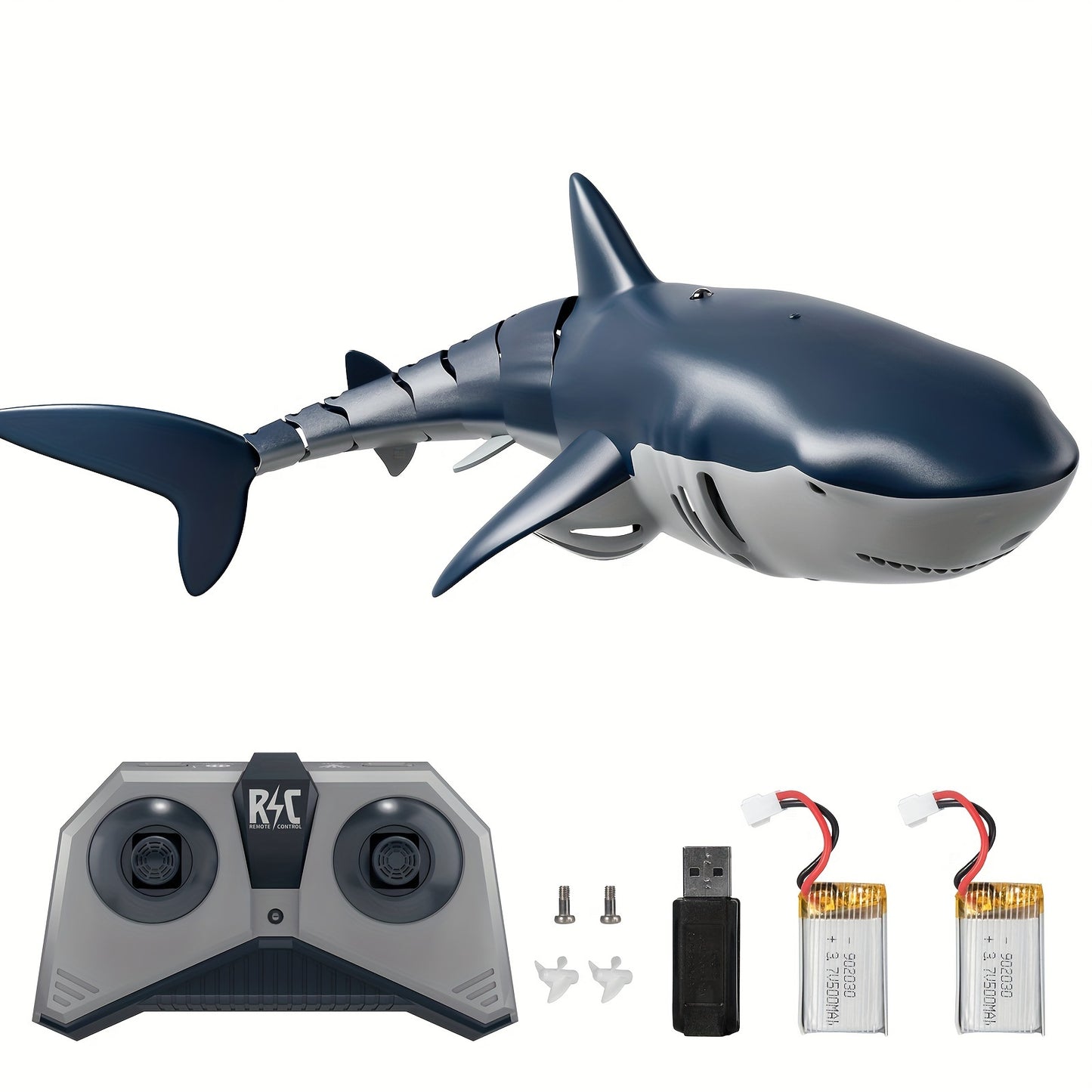 RC remote control shark toy with controller, batteries, and connectors on a white background