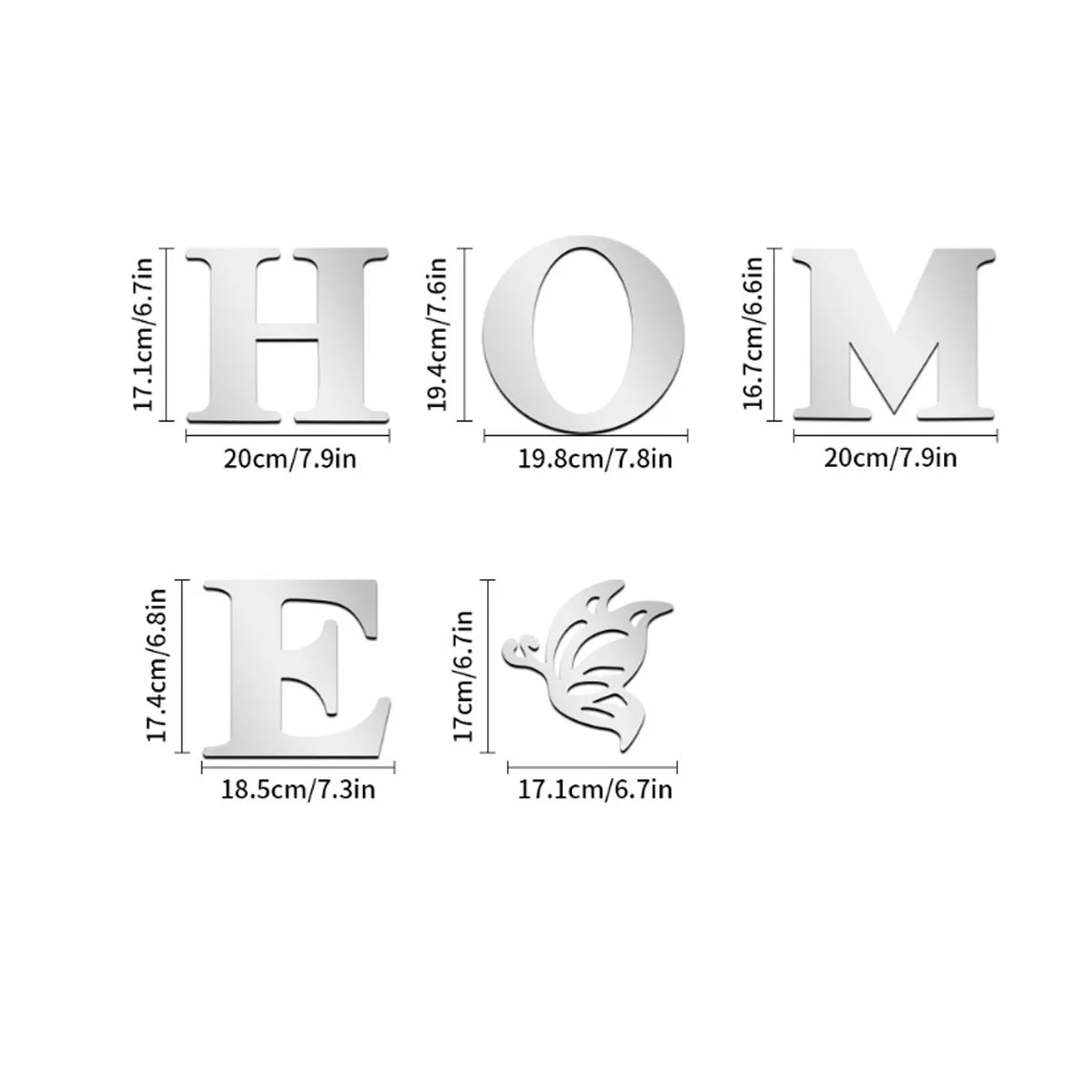 Metallic letters 'H', 'O', 'M', and 'E' with dimensions on a white background