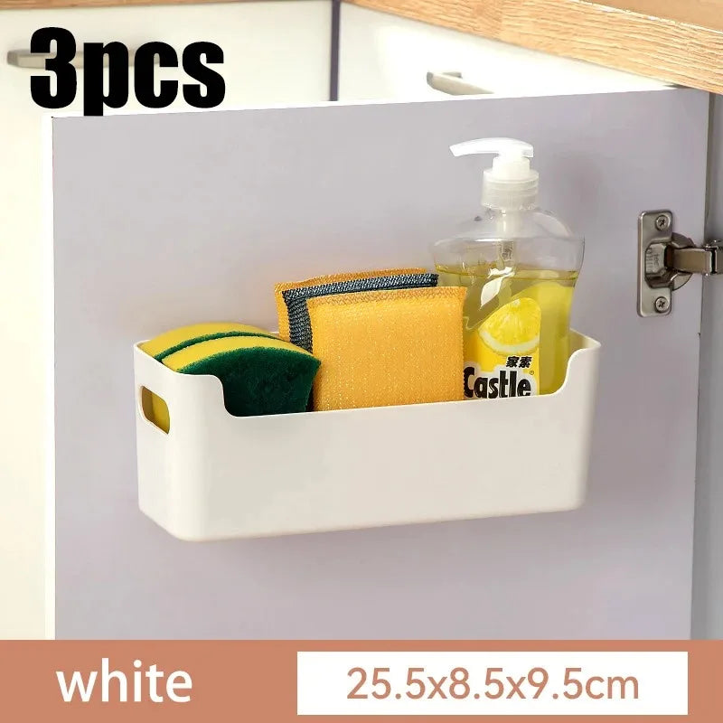 White cabinet organizer with sponges and soap inside, labeled '3pcs' and 'white'.