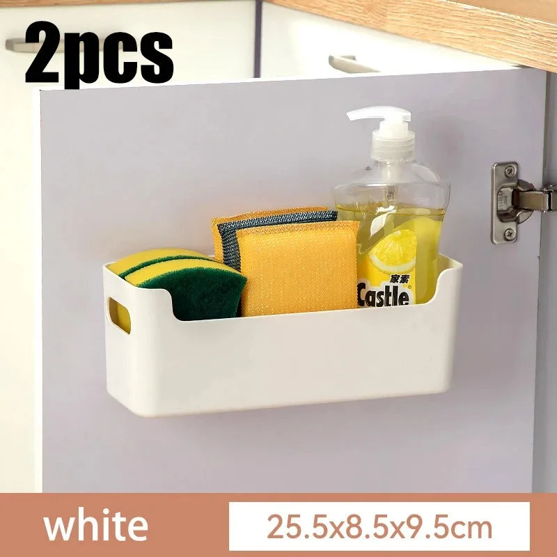 White cabinet organizer with sponges and soap inside, labeled '2pcs' and 'white'.